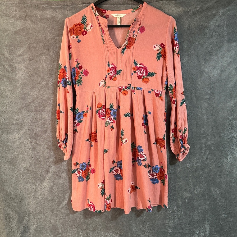 Matilda Jane Peach Floral Babydoll Tunic XS Balloon Sleeve Pockets Cottagecore
